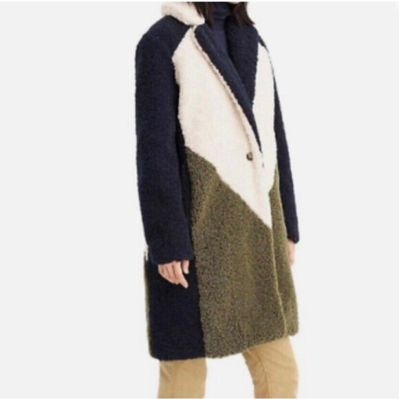 J Crew Colorblock Teddy Sherpa Coat S Cream Green & Blue - Picture 1 of 8